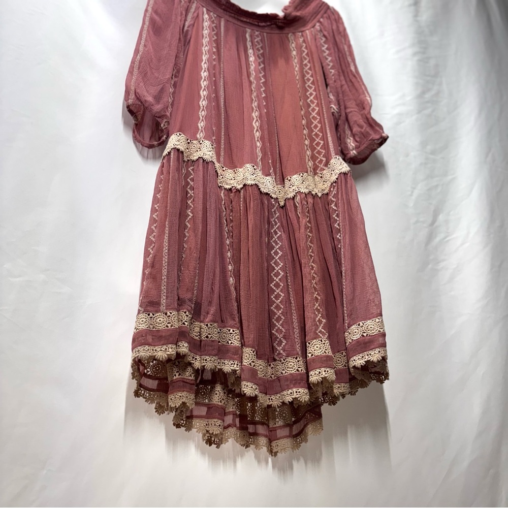 Floreat Boho Sweet Lace Peasant Embroidered Dress Dusty Rose-Peach Gauze Large - Picture 5 of 16